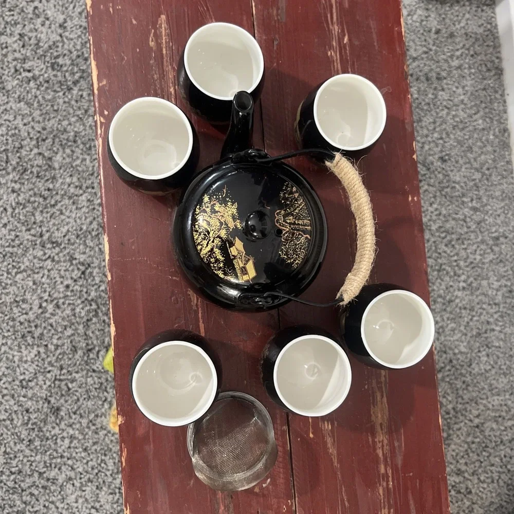 Vintage Dujust Japanese Tea Pot & 6 Cups Black & Gold House & Tree‎ Design